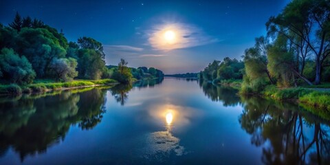Fototapeta premium Serene Nighttime River Scene with Full Moon and Starry Sky Reflecting on Calm Waters
