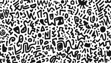 Fun black line doodle seamless pattern. Scattered Geometric Line Shapes. 