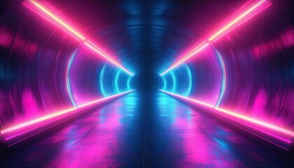 Futuristic tunnel with glowing neon pink and blue lights creating a vibrant symmetrical corridor with reflective floor