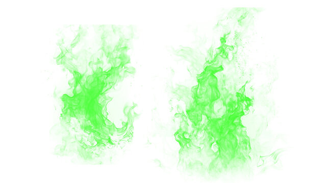 Vibrant green abstract digital art with textured splatters and organic shapes against a stark black background.