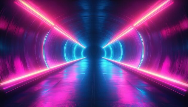 Futuristic tunnel with glowing neon pink and blue lights creating a vibrant symmetrical corridor with reflective floor