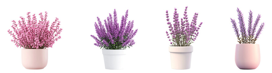 Obraz premium Four potted plants in pink and white pots, with pink and purple flowers in the pots.