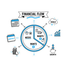 Hand-drawn vector illustration visualizing money management, budgeting needs vs wants, and building wealth through disciplined financial planning for future goals