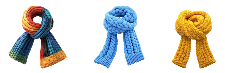 Three knitted scarves in different colors and styles.