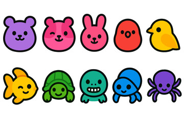 Colorful cartoon animals including bears, rabbits, birds, fish, turtles, and more in a playful design