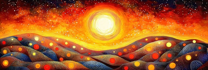 Colorful abstract landscape with rolling hills covered in circular patterns under a bright glowing sun and starry sky, evoking warmth and cosmic energy