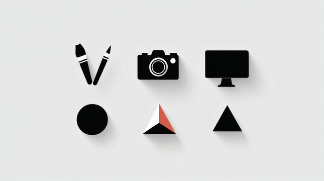 A collection of minimalist black icons representing creative professions, including art, photography, and digital design with fundamental geometric shapes