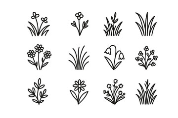 Various hand-drawn floral designs with diverse flower types and grass elements featuring simple line art style