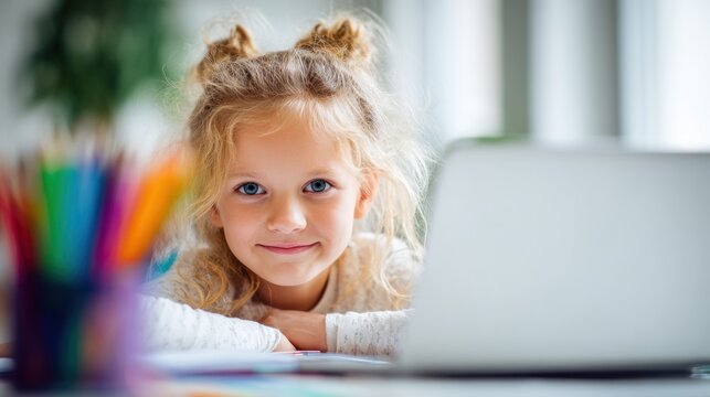 A young girl with blonde hair, wearing a white shirt, is sitting at a table with a laptop and colorful pencils in front of her.