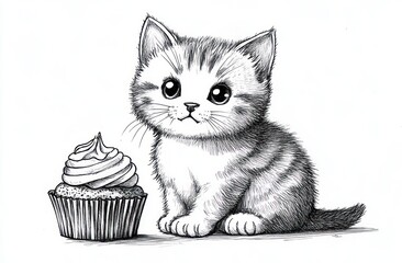 Obraz premium black and white sketch of a small fluffy kitten sitting next to a cupcake with swirled frosting expressing curiosity and innocence