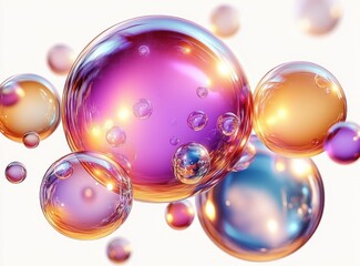 Brightly colored translucent spheres floating against a white background with reflective surfaces and glowing highlights in purple, orange, and blue hues