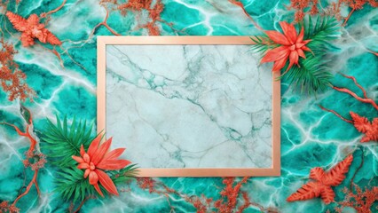 Elegant Rose Gold Frame on Teal Marble with Tropical Accents and Coral Branches