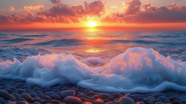 Vibrant sunrise over a calm ocean with gentle waves and white sea foam washing onto smooth pebble beach under scattered orange and pink clouds