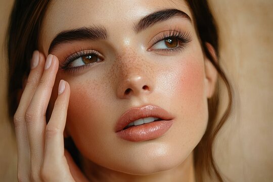 close-up portrait of a young woman with flawless skin, natural makeup, and expressive brown eyes showing a thoughtful and serene expression - Powered by Adobe