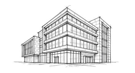 Fototapeta premium Modern Office Building Architectural Sketch Hand Drawing Perspective