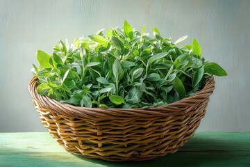 Naklejka premium Fresh green herb leaves densely packed in a woven wicker basket on a wooden surface with soft natural lighting