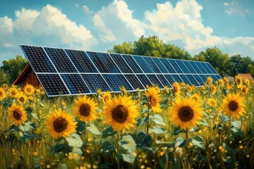 Bright sunflowers blooming in a field with large solar panels tilted under a partly cloudy blue sky and green trees in the background, evoking sustainability and harmony with nature