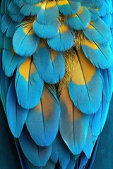 Obraz premium Close-up of bright blue and yellow feathers layered closely together with detailed texture and soft edges