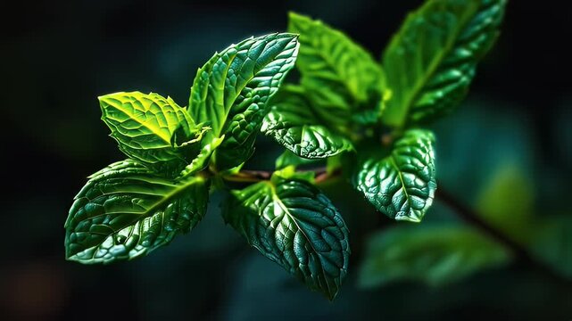 Close up of green mint plant leaves against dark background