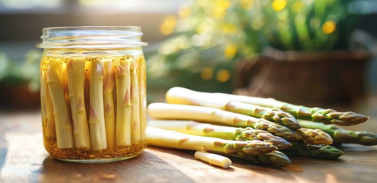 Glass jar filled with pickled white asparagus spears on a wooden table next to fresh green and white asparagus stalks with a blurred florally bright background