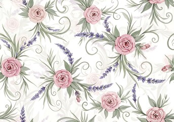 Watercolor floral pattern with roses lavender sprigs and delicate leafy tendrils on a white background creates a