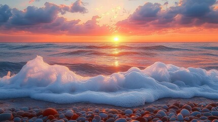 Vibrant sunset over ocean waves with white foam rolling onto a pebble beach under a colorful sky