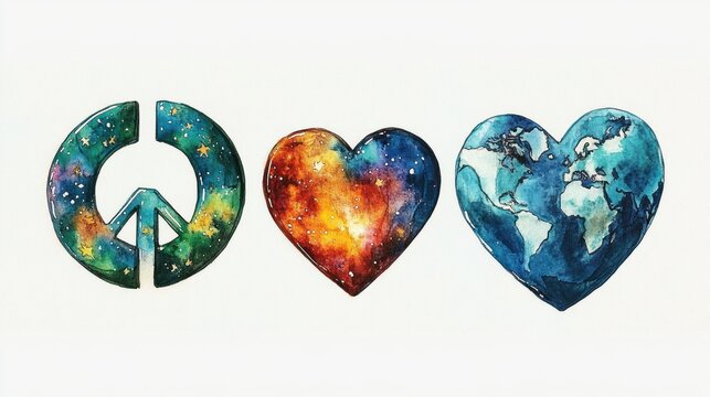 Artistic watercolor depiction of a peace symbol, a heart filled with a vibrant galaxy, and a heart shaped globe with continents, representing peace, love, and global unity