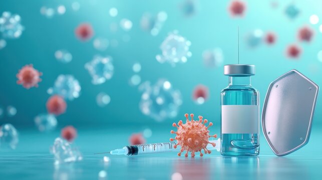 Medical syringe and vaccine vial next to a protective shield and a large virus model representing immunization and protection against infections