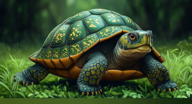 close-up of a green and yellow patterned turtle walking on lush green grass with a blurred natural background