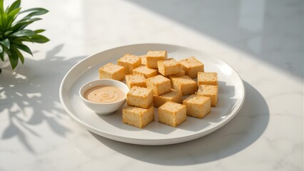 Crispy fried tofu cubes with creamy dipping sauce on a white plate, a healthy vegan appetizer