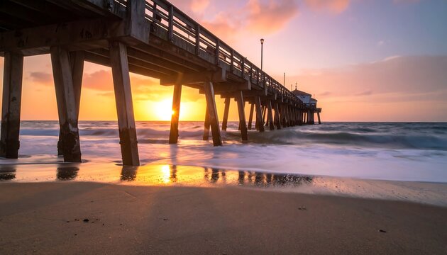 Long exposure of a wooden pier at sunset
