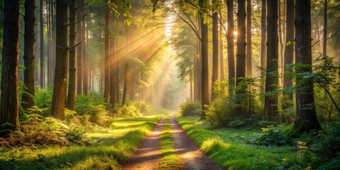 Naklejka premium Golden Sunlight Illuminates a Forest Path at Dawn, Creating a Magical and Serene Atmosphere