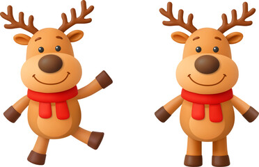 Cute Cartoon Reindeer Characters – Festive Christmas Poses with Red Scarves, Holiday Animal Vector Illustration on transparent Background