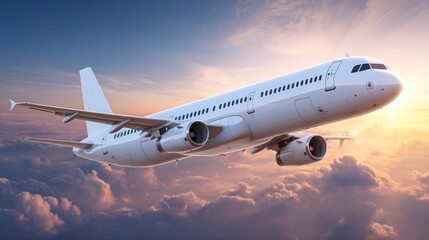 Obraz premium A white airplane flying through the sky with a sunset in the background.