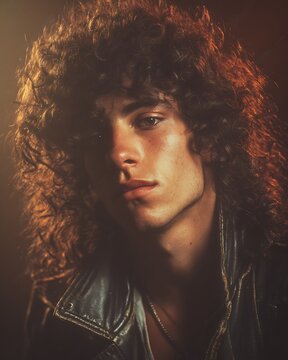 Rock-inspired permed curly hairstyle, leather jacket look, smoky studio background.