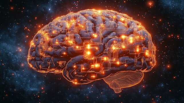 Digital visualization of a human brain with glowing interconnected circuits against a cosmic starry background symbolizing neural networks and advanced technology