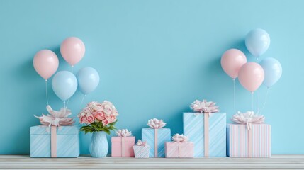A blue and pink balloon arrangement with pink roses and gift boxes on a blue background.