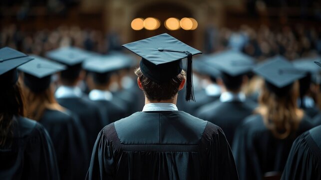 Group of graduates wearing black caps and gowns standing in an auditorium during a graduation ceremony, feeling proud and hopeful