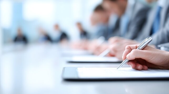 Business meeting in a conference room with people taking notes.