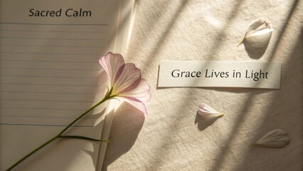 Soft floral arrangement with delicate petals and inspirational message on a serene background for mindfulness and relaxation themes