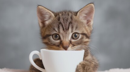 Curious Kitten Peeking Over White Cup