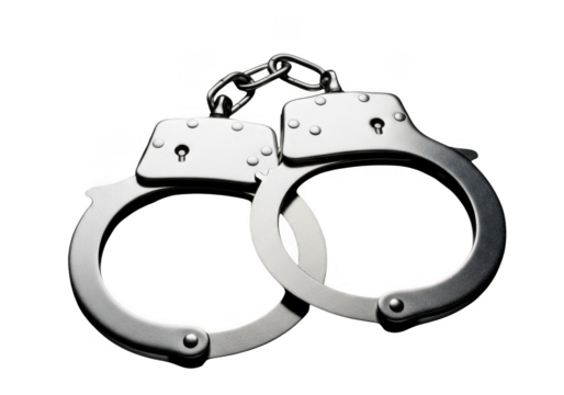 Pair of metal handcuffs isolated on transparent background. Close-up metallic handcuffs symbolizing law enforcement justice and security against a stark backdrop - Powered by Adobe