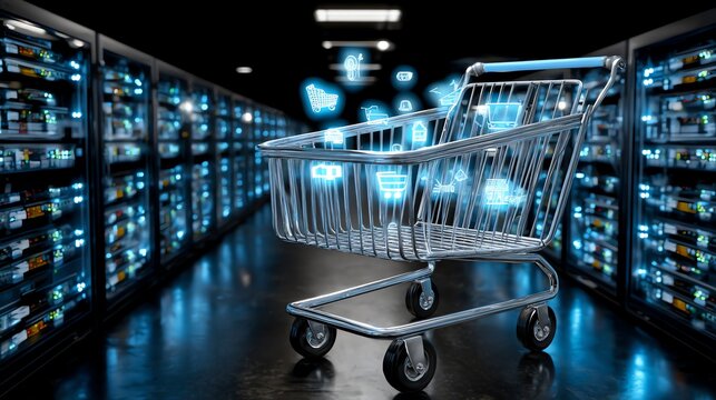 Shopping Cart with Glowing E-commerce Icons in a Server Room