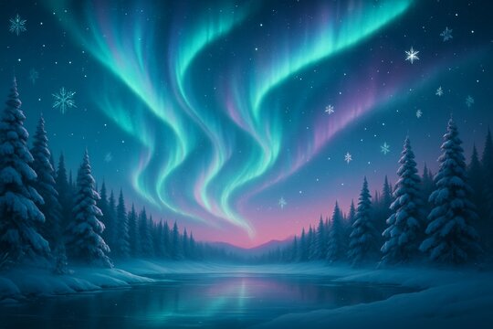 winter night landscape with glowing aurora lights across the sky, snow-covered pine forest, soft reflections on icy ground, stars and snowflakes glowing gently