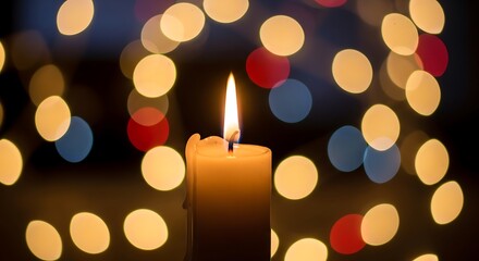 Glowing candle radiating in bokeh lights creating a warm ambient scene