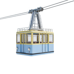 Vintage blue and yellow aerial tramway cabin or gondola, realistic 3D render, isolated on transparent background