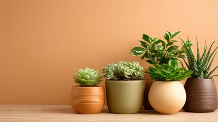 A variety of houseplants in pots on a wooden shelf against a plain wall.