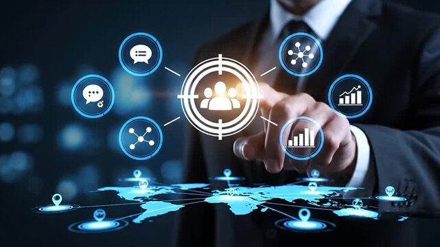 Businessman touching target people icon, business target and data analysis - Powered by Adobe