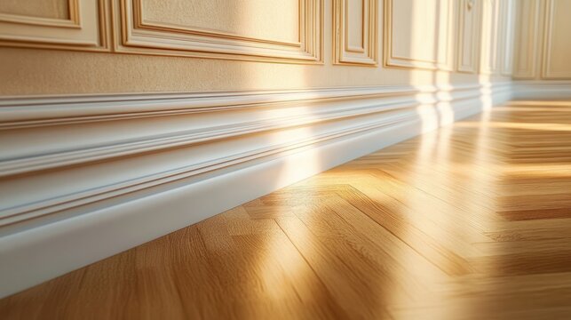 Sunlight casting warm shadows on polished wooden parquet floor with decorative wall paneling and white baseboards