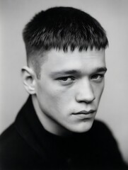 Obraz premium Caesar haircut with short straight fringe, clean and classic 1990s men style.